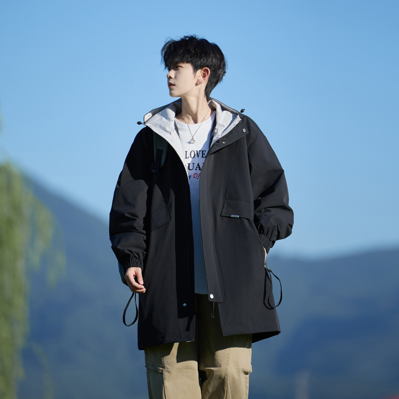 Geacă cu glugă pentru bărbați, lungime medie, croială lejeră, buzunare cu fermoar, poliester.