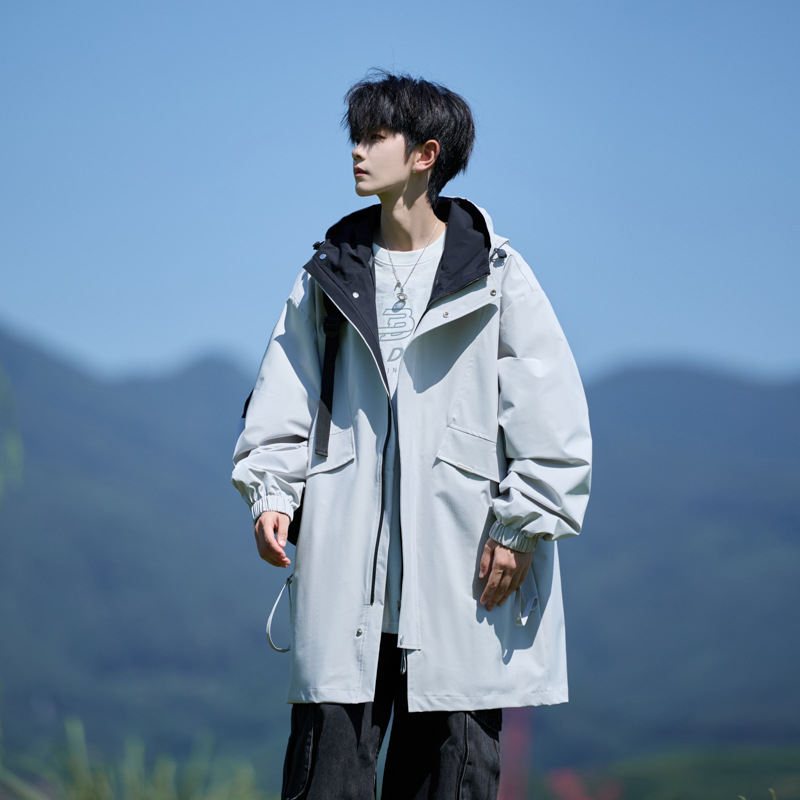 Geacă cu glugă pentru bărbați, lungime medie, croială lejeră, buzunare cu fermoar, poliester.