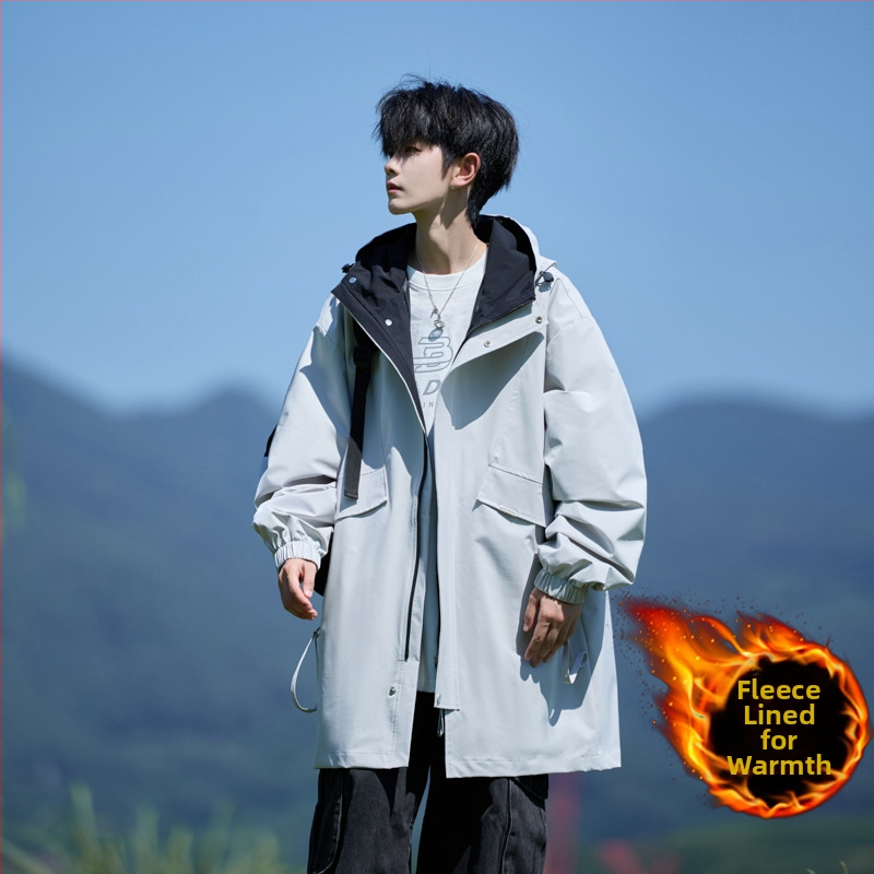 Geacă cu glugă pentru bărbați, lungime medie, croială lejeră, buzunare cu fermoar, poliester.