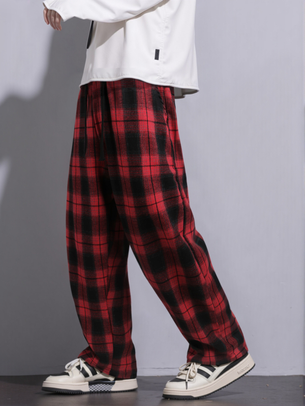 Sportske karirane hlače, ravni kroj, dugačke, srednji pojas, zatvaranje uzicom, pamuk-mješavina, 100% poliester