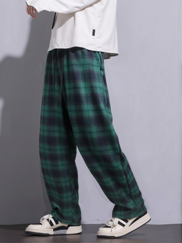 Sportske karirane hlače, ravni kroj, dugačke, srednji pojas, zatvaranje uzicom, pamuk-mješavina, 100% poliester