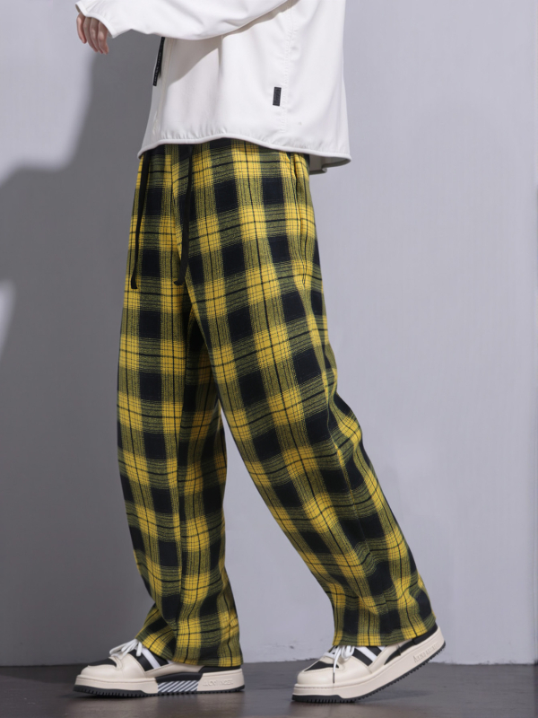 Sportske karirane hlače, ravni kroj, dugačke, srednji pojas, zatvaranje uzicom, pamuk-mješavina, 100% poliester