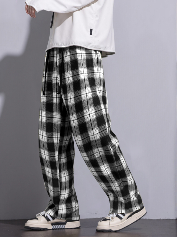 Sportske karirane hlače, ravni kroj, dugačke, srednji pojas, zatvaranje uzicom, pamuk-mješavina, 100% poliester