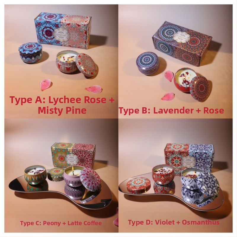 Подаръчна кутия с ароматни свещи Jie Sheng Aromatherapy — чашкоподобни свещи от соев восък, ръчно изработени и ръчно заливани, със лого върху опаковката