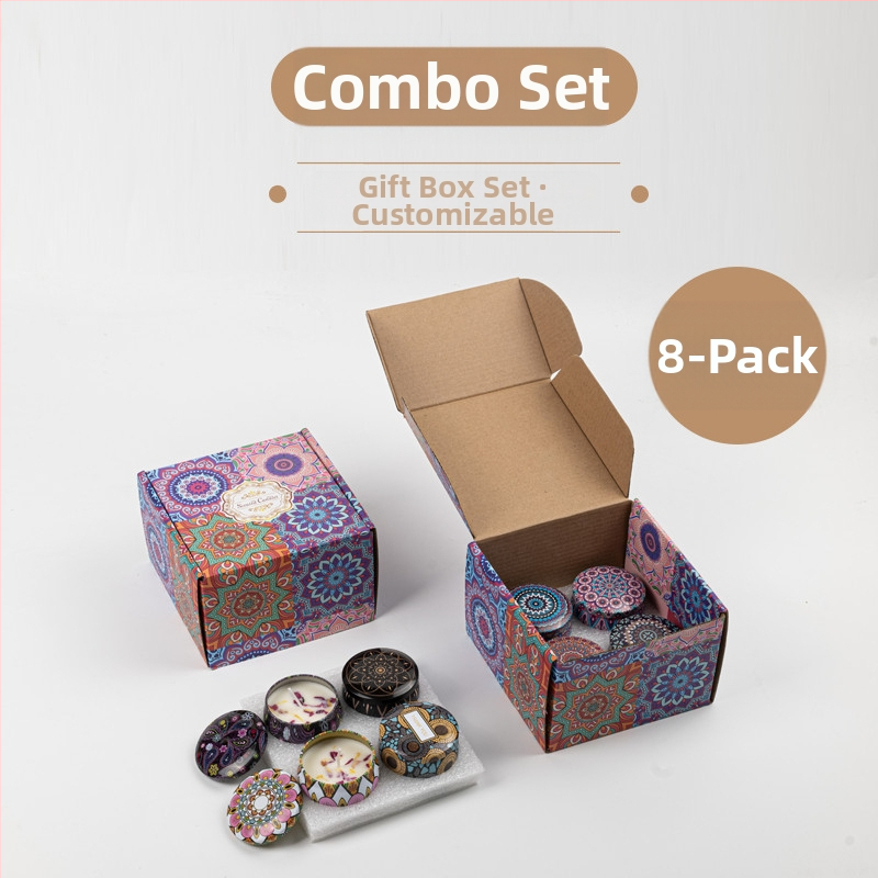 Κουτί δώρου με αρωματικά κεριά Jie Sheng Aromatherapy — κεριά από κερί σόγιας σε σχήμα κύπελλου, χειροποίητα και ρίχνονται με χειροποίητη τεχνική, με λογότυπο πάνω στην κονσέρβα