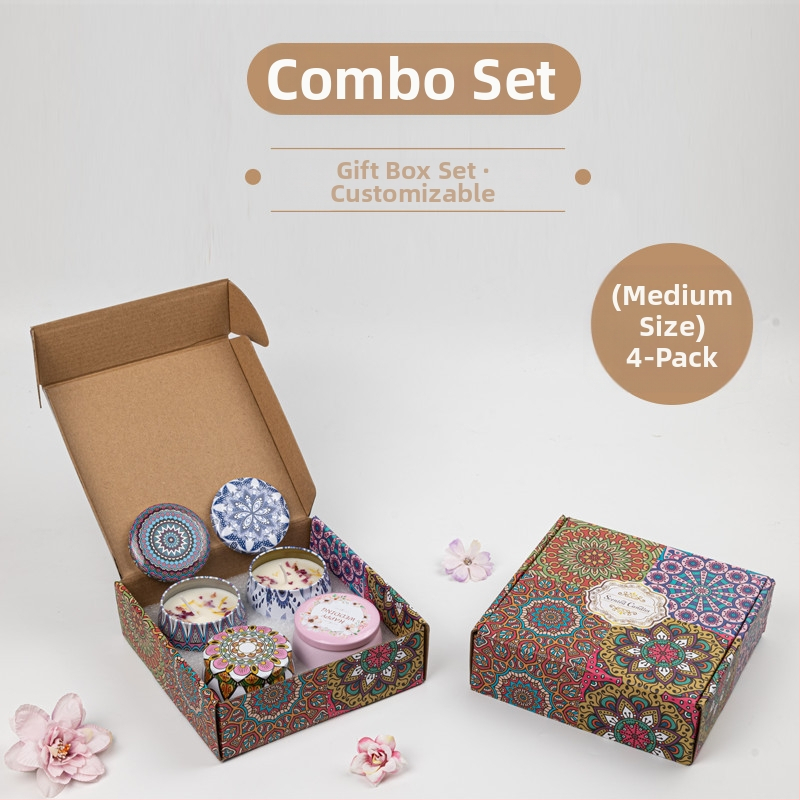 Κουτί δώρου με αρωματικά κεριά Jie Sheng Aromatherapy — κεριά από κερί σόγιας σε σχήμα κύπελλου, χειροποίητα και ρίχνονται με χειροποίητη τεχνική, με λογότυπο πάνω στην κονσέρβα