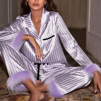 Σετ νυχτερινής ενδυμασίας για οικιακή χρήση, ευρωπαϊκού στιλ με ριγέ, πολυεστέρας, μακριά μανίκια και μακριά παντελόνια