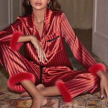 Σετ νυχτερινής ενδυμασίας για οικιακή χρήση, ευρωπαϊκού στιλ με ριγέ, πολυεστέρας, μακριά μανίκια και μακριά παντελόνια