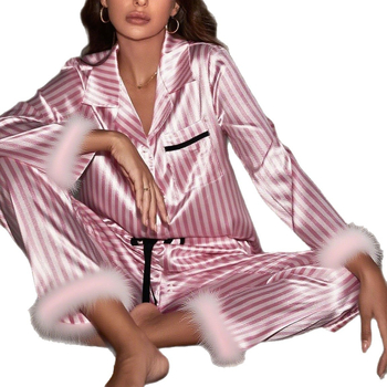 Σετ νυχτερινής ενδυμασίας για οικιακή χρήση, ευρωπαϊκού στιλ με ριγέ, πολυεστέρας, μακριά μανίκια και μακριά παντελόνια