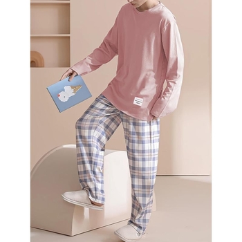 Ανδρικό σετ ύπνου: πουκάμισο με μακριά μανίκια и λαιμόκοψη τύπου crew, καρό παντελόνια, βαμβάκι με φλίς