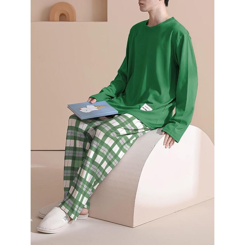 Muški set za spavanje: majica s okruglim izrezom i dugim rukavima te karirane hlače, pamuk s polarem