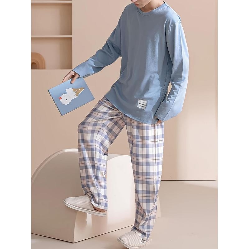 Muški set za spavanje: majica s okruglim izrezom i dugim rukavima te karirane hlače, pamuk s polarem
