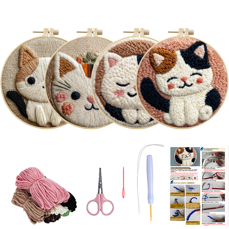 Set de broderie Punch Needle – Pisică RagDoll, Model cu desene animate, Bumbac, Stil Modern Minimalist