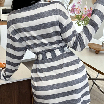 Γυναικεία ρόμπα ύπνου με μακριά μανίκια, ζώνη, ριγέ και φλοράλ εκτύπωση, V-λαιμό, χαλαρή γραμμή, πολυεστέρας, εξτρα παχύ ύφασμα 401–500 g/m²