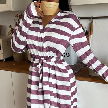 Γυναικεία ρόμπα ύπνου με μακριά μανίκια, ζώνη, ριγέ και φλοράλ εκτύπωση, V-λαιμό, χαλαρή γραμμή, πολυεστέρας, εξτρα παχύ ύφασμα 401–500 g/m²