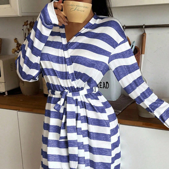 Γυναικεία ρόμπα ύπνου με μακριά μανίκια, ζώνη, ριγέ και φλοράλ εκτύπωση, V-λαιμό, χαλαρή γραμμή, πολυεστέρας, εξτρα παχύ ύφασμα 401–500 g/m²