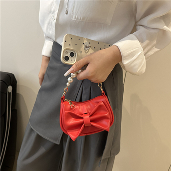 Τσαντάκι χεριού με κόμβο πεταλούδας και αλυσίδα μαργαριριών, PU υλικό, street trend στυλ, φερμουάρ, επένδυση πολυεστέρα, εσωτερική τσέπη με φερμουάρ, μία ιμάντα, φθινοπωρινή έκδοση 2025