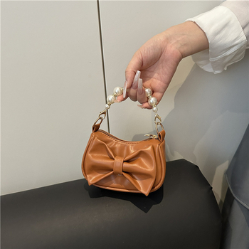 Τσαντάκι χεριού με κόμβο πεταλούδας και αλυσίδα μαργαριριών, PU υλικό, street trend στυλ, φερμουάρ, επένδυση πολυεστέρα, εσωτερική τσέπη με φερμουάρ, μία ιμάντα, φθινοπωρινή έκδοση 2025