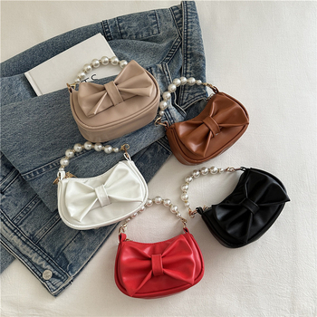 Τσαντάκι χεριού με κόμβο πεταλούδας και αλυσίδα μαργαριριών, PU υλικό, street trend στυλ, φερμουάρ, επένδυση πολυεστέρα, εσωτερική τσέπη με φερμουάρ, μία ιμάντα, φθινοπωρινή έκδοση 2025