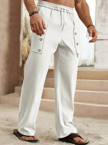 Ανδρικά casual παντελόνια από βαμβάκι, ίσια γραμμή, με ζώνη, κλείσιμο με κορδάνι, μονόχρωμα, ελαστική ύφανση