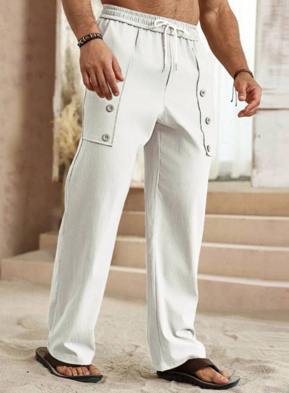 Muške casual hlače od pamuka, ravnog kroja, s kaišem, srednji struk, dekorativni gumbi, elastična tkanina