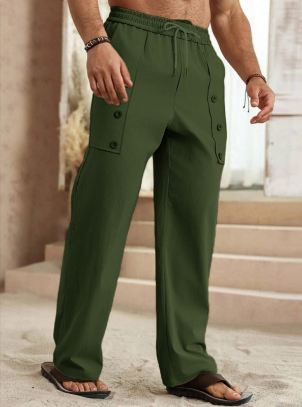 Muške casual hlače od pamuka, ravnog kroja, s kaišem, srednji struk, dekorativni gumbi, elastična tkanina