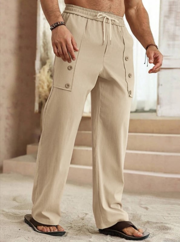 Muške casual hlače od pamuka, ravnog kroja, s kaišem, srednji struk, dekorativni gumbi, elastična tkanina