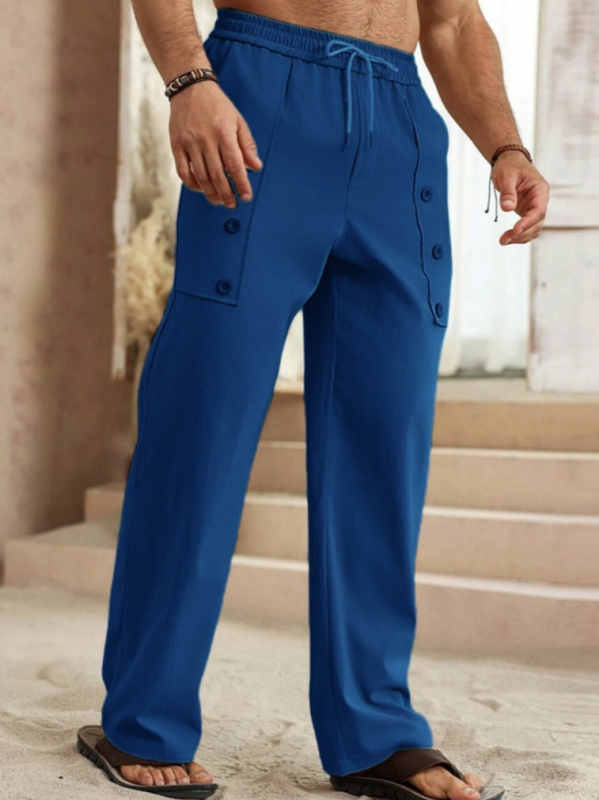 Muške casual hlače od pamuka, ravnog kroja, s kaišem, srednji struk, dekorativni gumbi, elastična tkanina