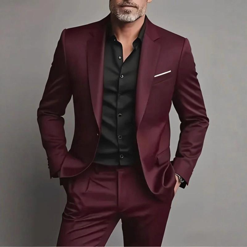 Мъжки костюм от две части, Slim Fit, Notch Lapel, еднобутонен, памучно-смесен плат (80% памук), пролетно-есенен, за банкети