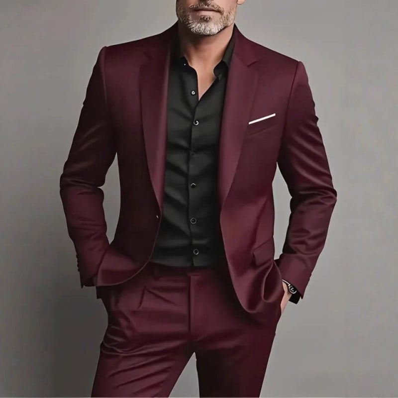 Мъжки костюм от две части, Slim Fit, Notch Lapel, еднобутонен, памучно-смесен плат (80% памук), пролетно-есенен, за банкети