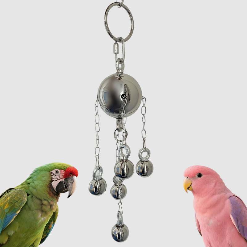 Jucărie clopoțel din oțel inoxidabil pentru papagali, cu bilă de fier – rezistență la mușcături, relaxare, antrenament