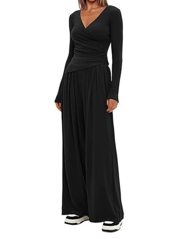 Άνετο σετ με φαρδιά παντελόνια και μακρυμάνικο τοπ, φθινοπωρινό 2025, πολυεστέρας-ελαστάν, μονόχρωμο