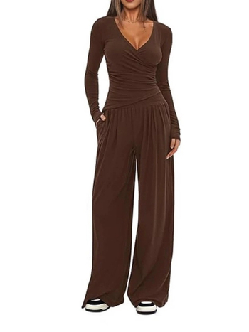 Άνετο σετ με φαρδιά παντελόνια και μακρυμάνικο τοπ, φθινοπωρινό 2025, πολυεστέρας-ελαστάν, μονόχρωμο