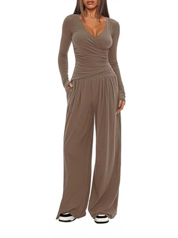 Άνετο σετ με φαρδιά παντελόνια και μακρυμάνικο τοπ, φθινοπωρινό 2025, πολυεστέρας-ελαστάν, μονόχρωμο