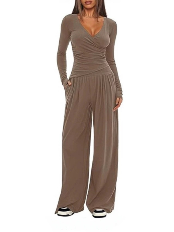 Άνετο σετ με φαρδιά παντελόνια και μακρυμάνικο τοπ, φθινοπωρινό 2025, πολυεστέρας-ελαστάν, μονόχρωμο