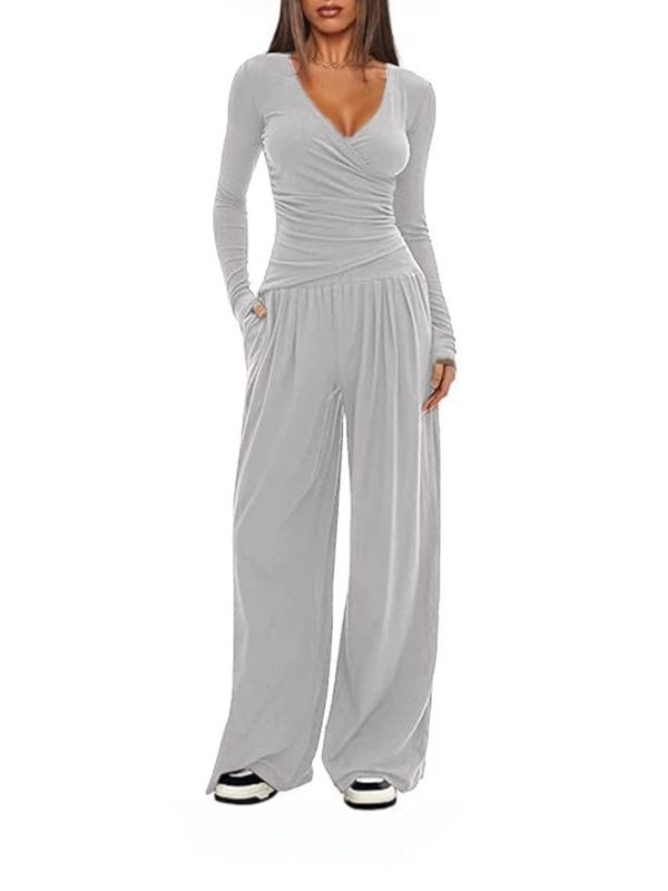 Άνετο σετ με φαρδιά παντελόνια και μακρυμάνικο τοπ, φθινοπωρινό 2025, πολυεστέρας-ελαστάν, μονόχρωμο