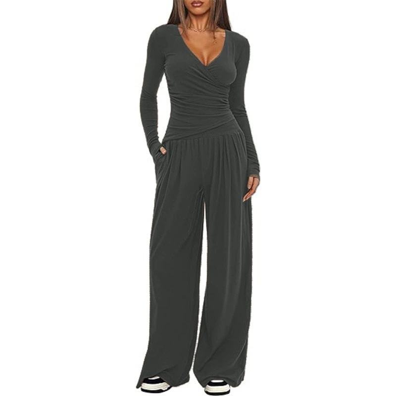 Άνετο σετ με φαρδιά παντελόνια και μακρυμάνικο τοπ, φθινοπωρινό 2025, πολυεστέρας-ελαστάν, μονόχρωμο