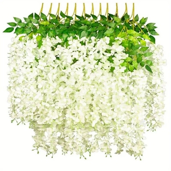 Wisteria függő virágok, mesterséges, 12 db, műanyag és selyem virágok, esküvőre és otthoni dekorációhoz