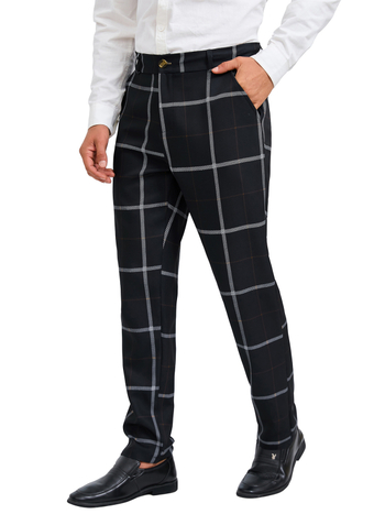 Pantaloni casual drept pentru bărbați, în carouri, material poliester, talie medie, fermoar