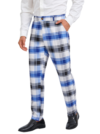 Ανδρικά ίσια καθημερινά παντελόνια με καρό σχέδιο, πολυεστερική ύφανση, μέση μεσαίας ύψους, φερμουάρ