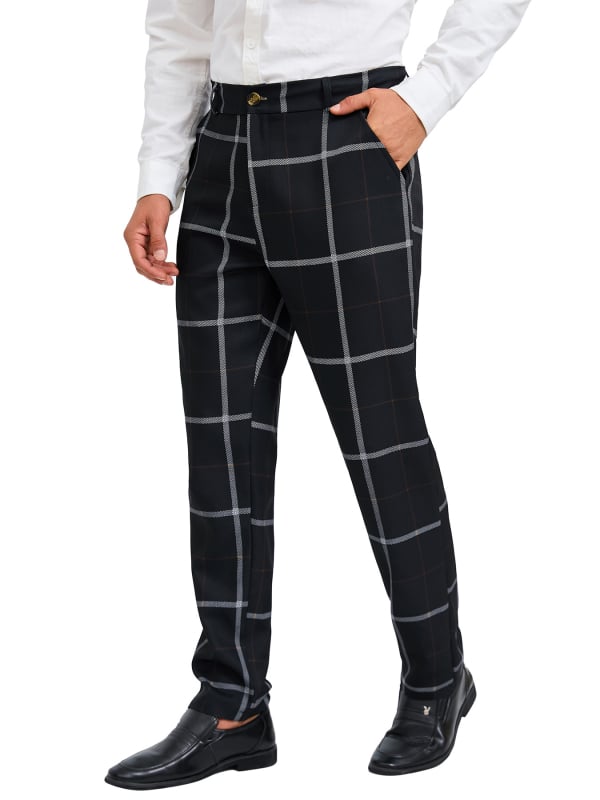 Pantaloni casual drept pentru bărbați, în carouri, material poliester, talie medie, fermoar