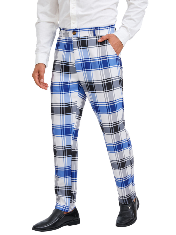 Pantaloni casual drept pentru bărbați, în carouri, material poliester, talie medie, fermoar