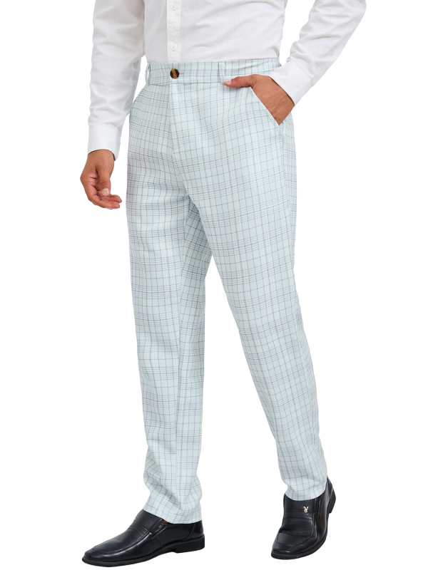 Pantaloni casual drept pentru bărbați, în carouri, material poliester, talie medie, fermoar
