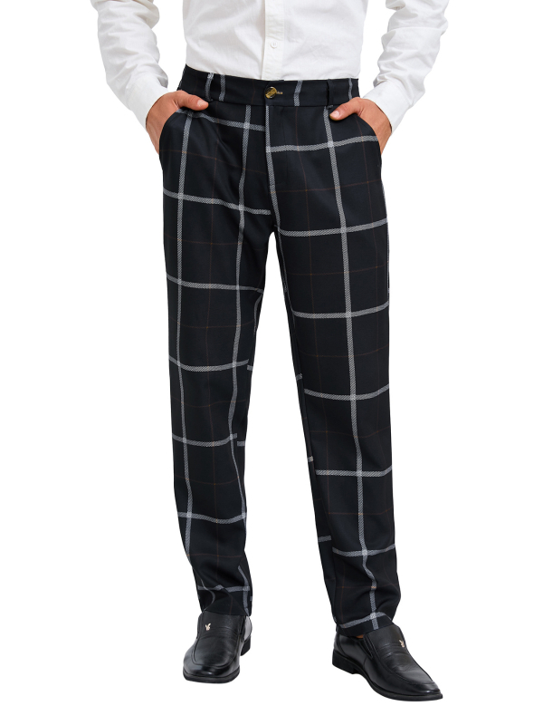Pantaloni casual drept pentru bărbați, în carouri, material poliester, talie medie, fermoar