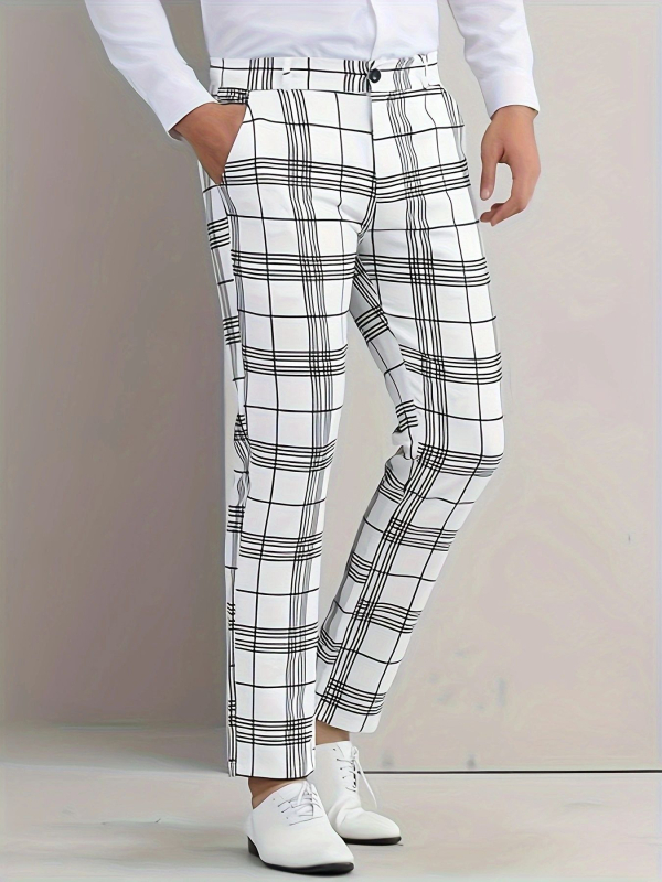 Pantaloni casual drept pentru bărbați, în carouri, material poliester, talie medie, fermoar