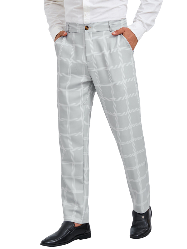 Pantaloni casual drept pentru bărbați, în carouri, material poliester, talie medie, fermoar