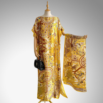 Hosszú köntösruha mesterséges selyemből, nyomtatott mintával, divatos középhosszú, dekoratív dizájn, több stílus elérhető