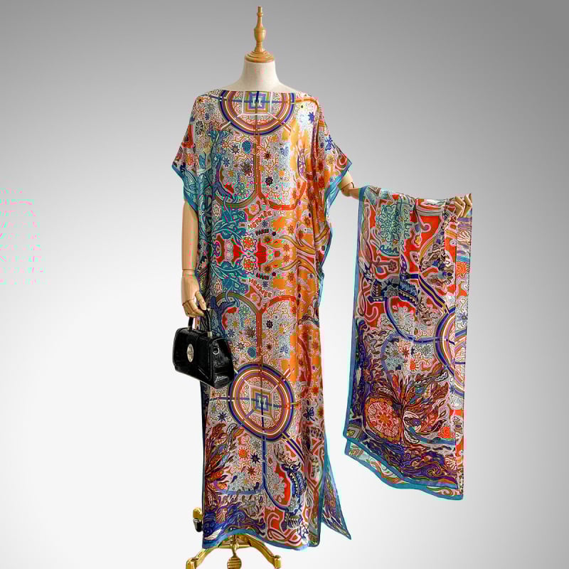 Hosszú köntösruha mesterséges selyemből, nyomtatott mintával, divatos középhosszú, dekoratív dizájn, több stílus elérhető