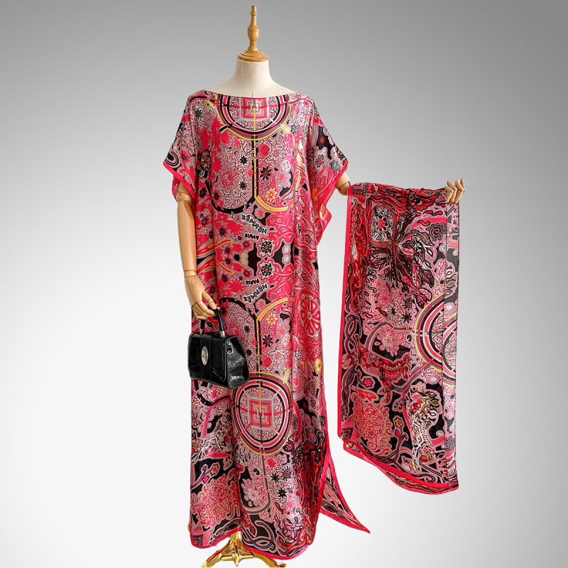 Hosszú köntösruha mesterséges selyemből, nyomtatott mintával, divatos középhosszú, dekoratív dizájn, több stílus elérhető