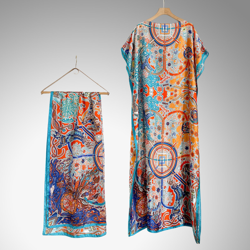 Hosszú köntösruha mesterséges selyemből, nyomtatott mintával, divatos középhosszú, dekoratív dizájn, több stílus elérhető